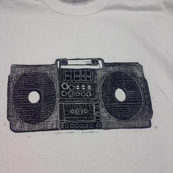 Boombox print on white t-shirt. Click to see next image.