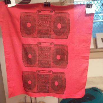 Boombox print onto a red bandanna. Click to see next image.