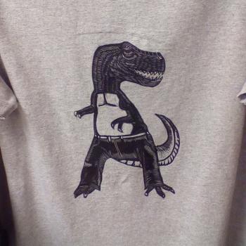 Pantalones rex on a grey t-shirt. Click to see next image.